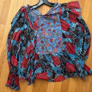 See by Chloe Floral Puff-Sleeve Women's Top in Blue and Red